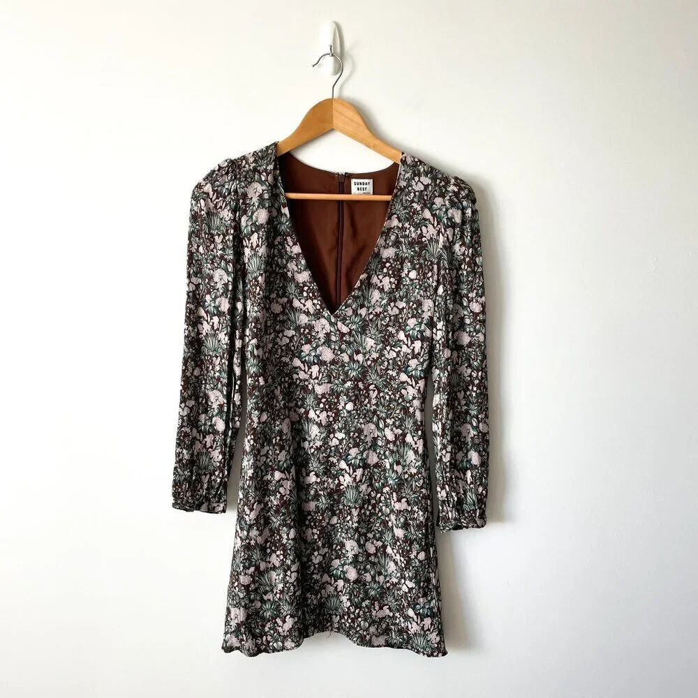 Aritzia Sunday Best Grayson Long Sleeve Mini Dress Brown Floral Size 4 - Picture 2 of 9